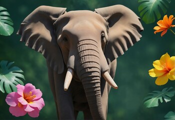A playful elephant, with round, friendly eyes, set against a lush green jungle backdrop. Vibrant colors of tropical flowers create a harmonious and joyful atmosphere.
