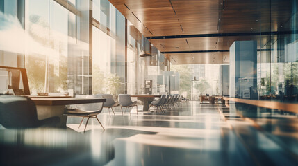 Minimalist and elegant depiction of modern office interior with large windows and diffused natural light creating tranquil ambiance, AI Generated