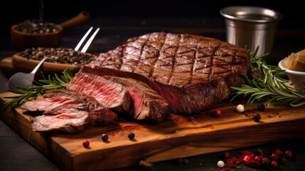 Close-up of medium rare beef and steak slices on a wooden board and rosemary on a wooden background.