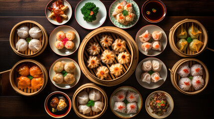 A dim sum is on Chinese tables and includes dumplings, steamed buns and other small dishes. - obrazy, fototapety, plakaty