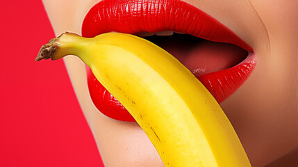 Close-up on seductive  woman with red lips liking banana