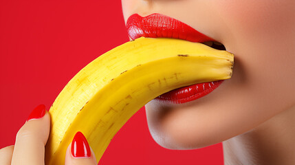 Sexy woman with red lips taking a bite from yellow banana - obrazy, fototapety, plakaty