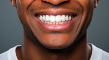 Young black man with beautiful smile on grey background. Teeth whitening generative ai.