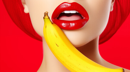 Seductive woman with red lips holding banana close to mouth - obrazy, fototapety, plakaty