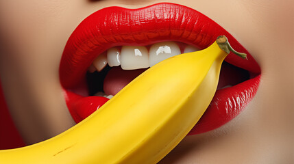 Sexy woman with red lips liking banana - obrazy, fototapety, plakaty
