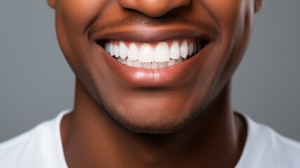 Fototapeta premium Young black man with beautiful smile on grey background. Teeth whitening generative ai.