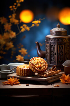 Chinese mid autumn festival mooncake on wooden table