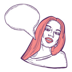 Beautiful young woman talk. Empty speech bubble for sale promotion, text background, quotes. Hand drawn illustration, cartoon comic style.