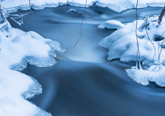 Natural stream in the forest in winter 