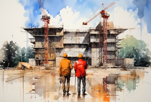 Against a picturesque sky, two sharply dressed men admire a vibrant painting adorning the outdoor wall of a construction site, evoking a sense of artistry and progress