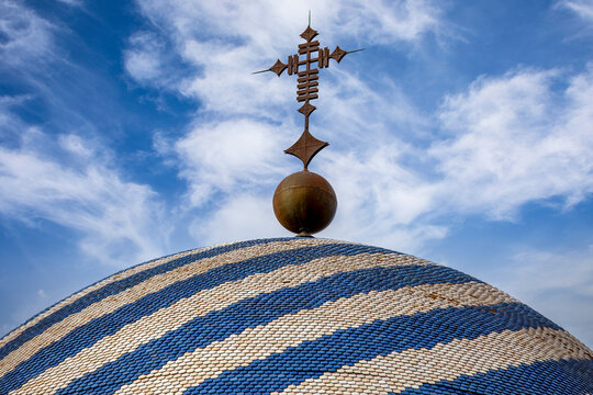 Detail of the beautiful and typical dome with blue and white stripes of the Basilica of the Pur&iacute;sima Concepcion in Yecla, Region of Murcia, Spain