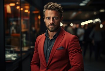 A dapper gentleman exudes confidence as he stands on the busy street, his red suit and beard adding a bold flair to his impeccable style - obrazy, fototapety, plakaty