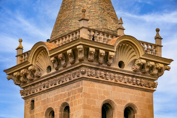 Fototapeta premium Detail of the tower of the Old Church of the Assumption of Yecla, Region of Murcia, Spain