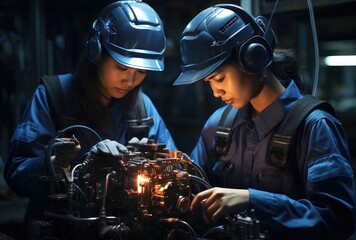 A group of determined women donning hard hats observe a complex machine in an industrial setting, showcasing the strength and perseverance of female workers in traditionally male-dominated fields