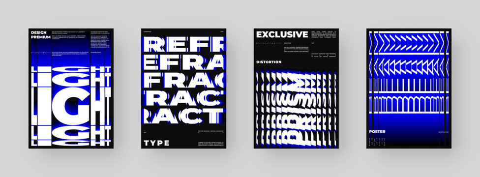 Abstract Posters Design set. Vertical A4 format. Modern placard collection. Refraction and Distortion Glass Effect. Minimal vector illustration.