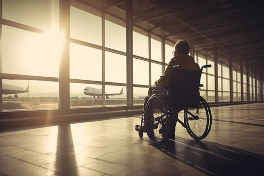 Banner with image of man in wheelchair at airport, special needs travel concept. 