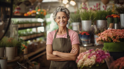 smiling, beautiful, older lady with an apron on and arms crossed in front of her flower business
