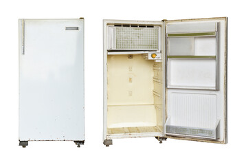 Old rusty refrigerator isolated on white background.