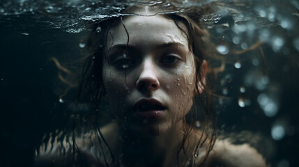 Fictitious pretty young woman swimming in a tank AI generative