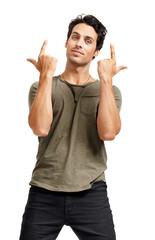 Portrait, finger gun and man with fashion, expression and guy isolated on a white studio...
