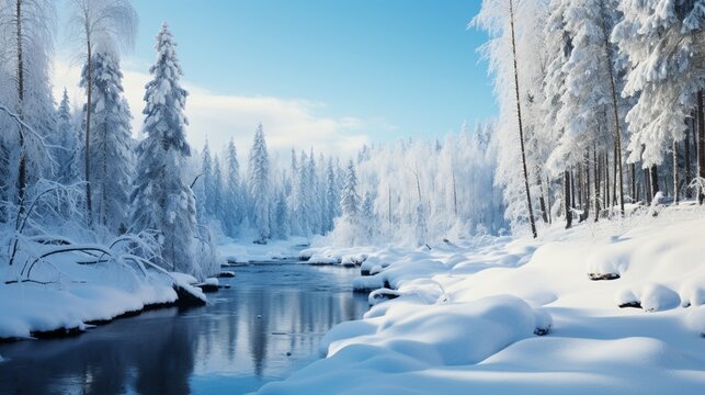 A frozen river winds its way through a pristine snow forest, reflecting the surrounding trees and the clear blue sky. 