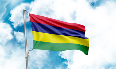 Mauritius flag waving on sky background. 3D Rendering