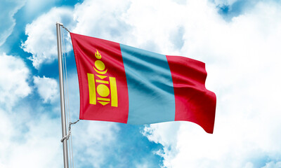 Mongolia flag waving on sky background. 3D Rendering