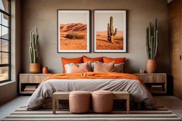 Southwestern-inspired bedroom: Elegance with Spanish textiles, iron details, and desert tones—rust, terracotta, cactus green—creating a rustic, natural retreat.