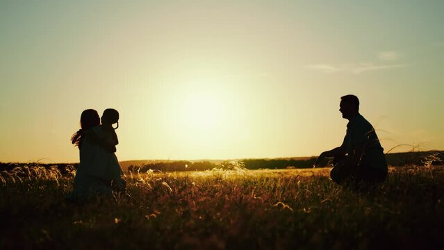 Family enjoys playful moments and sun casts silhouettes over wheat field. Family joyful playing in field of tall wheat. Family at dusk delighted of nature while daughter runs from father to mother hug