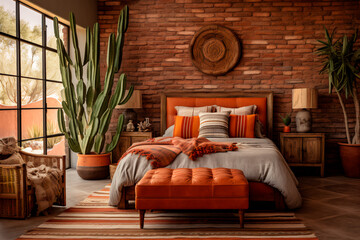Southwestern-inspired bedroom: Elegance with Spanish textiles, iron details, and desert tones—rust, terracotta, cactus green—creating a rustic, natural retreat.