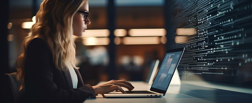 A female AI expert developing complex algorithms. Her laptop screen is filled with intricate code. generative AI