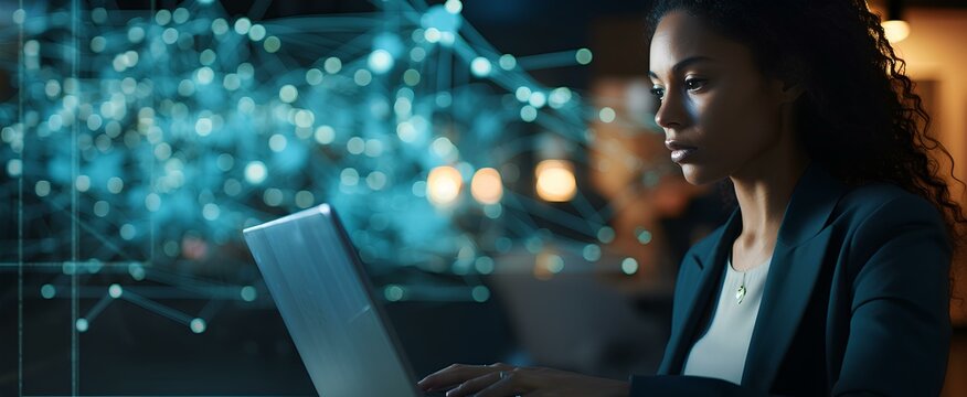 A female AI expert developing complex algorithms. Her laptop screen is filled with intricate code. generative AI
