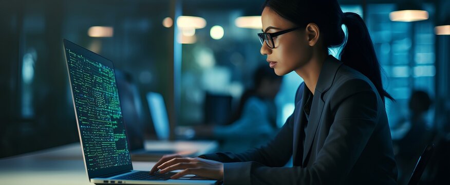 A female AI expert developing complex algorithms. Her laptop screen is filled with intricate code. generative AI