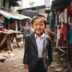 cheerful asian student from a poor area in his best suit goes to school. intentional plot, learning concept. Hunger for knowledge - obrazy, fototapety, plakaty