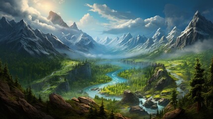 A panoramic view reveals a picturesque landscape of towering mountains.