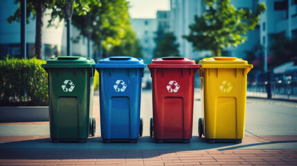 Recycling trash Yellow, green, blue and red where there is a recycling symbol in public places and waste management and recycling