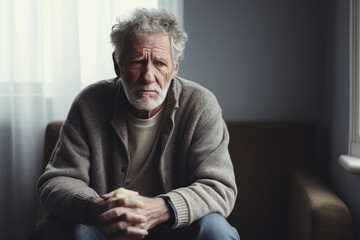 A depressed elderly man quarantined at home suffers from loneliness. - obrazy, fototapety, plakaty