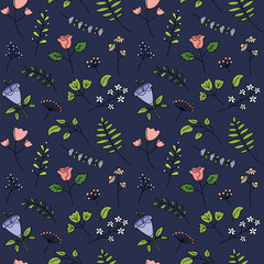 Floral pattern vector seamless background. Cute hand drawn flowers, leaf elements. Decorative plants repeat illustration