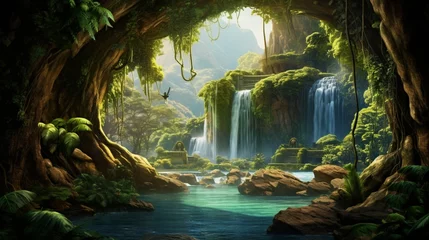 Tuinposter A picturesque scene of a waterfall with a hidden cave behind. © PZ Studio