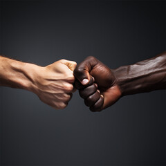 Close-up of two hands of different skin colors and different races on a dark background, striking with fists. 