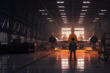 aircraft worker.mechanic having job in airdrome.Aircraft Maintenance Mechanic Inspecting and Working on Airplane Jet Engine in Hangar