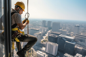 Window cleaner.Male professional cleaning service worker in overalls cleans the windows  with special equipment