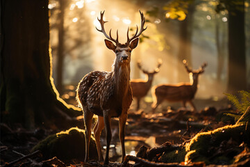 Tranquil Deer in Sunlit Forest Clearing Generative AI