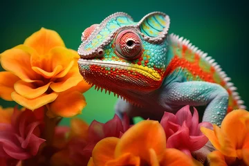 Voilages Photographie macro Chameleon on the flower. Beautiful extreme close-up.