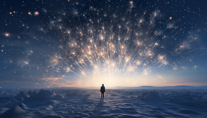 A man or woman standing underneath a sparkling sky in the snow during winter time.  - obrazy, fototapety, plakaty