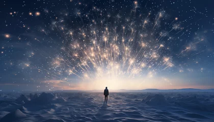 Fotobehang A man or woman standing underneath a sparkling sky in the snow during winter time.  © iconimage