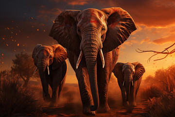 Majestic Elephant and Companions at Sunset in Savannah Generative AI