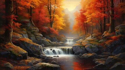 A serene autumn forest scene with a captivating waterfall, its golden waters cascading down moss-covered rocks