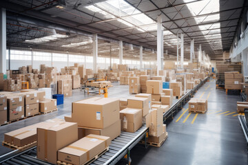 Logistics station with automatic conveyor belt Efficient conveyor belts for moving cardboard carton packages in busy warehouse fulfillment centers. - obrazy, fototapety, plakaty