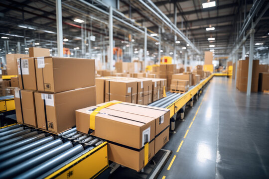 Logistics station with automatic conveyor belt Efficient conveyor belts for moving cardboard carton packages in busy warehouse fulfillment centers.